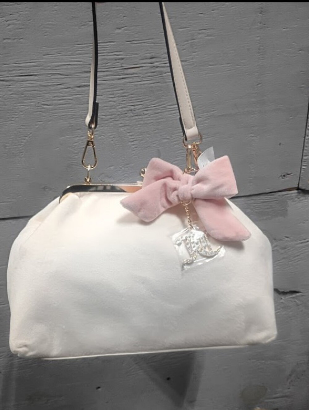 Juicy Couture Soft Suede Kiss Lock Shoulder Bag Bow Pearl Rhinestone Charm Purse